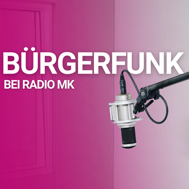 Ein Mikrofon im Studio dazu der Text: Bürgerfunk bei Radio MK